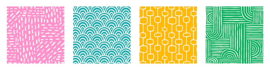 Set of Aesthetic Contemporary printable seamless pattern with abstract Minimal elegant line brush stroke shapes and line in vibrant colors.