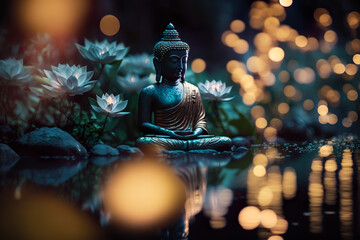 Buddha statue with a lotus flowers floating on the water. Generative Ai. - obrazy, fototapety, plakaty