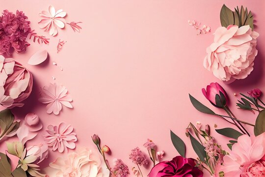  Assorted Pink Flower Border On Pink Background, Flat Lay. Happy Spring Holidays. Valentine's Day. Birthday. Women's Day. Easter. Flower Wedding Card, Invitation, Banner, Watercol AI Generated