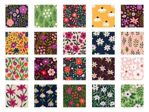 Aesthetic Contemporary printable seamless pattern with Spring botanical print design. Decorative chamomile, flowers and leaves. Pastel boho background for fabric, wallpaper or wrapping.