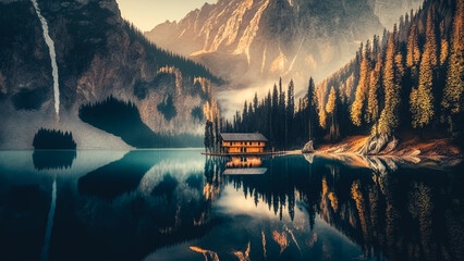 Foggy morning view of Braies Pragser Wildsee lake