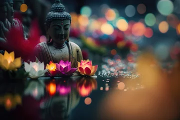 Fototapeten Buddha statue with a lotus flowers floating on the water. Generative Ai. © vetre