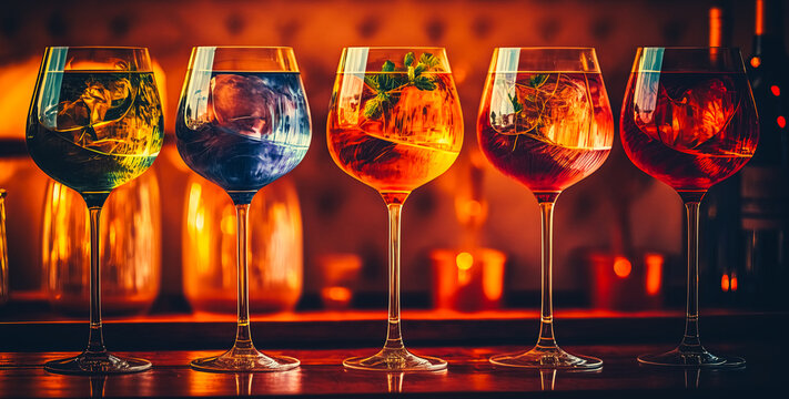 Five colorful gin tonic cocktails in wine