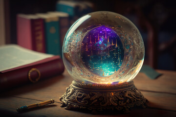 Magic Fortune telling clear crystal ball with magic tools on table. Generative Ai.