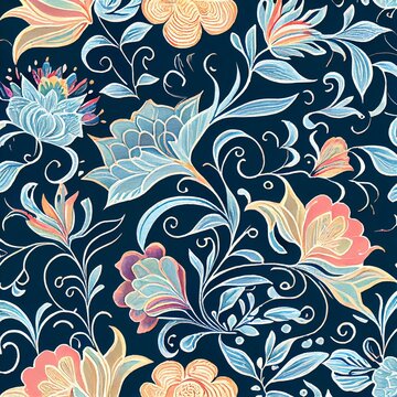  ethnic flowers seamless vector pattern, watercolor style AI Generated