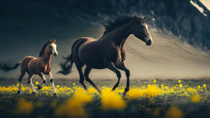 Mare with foal run in yelow flowers