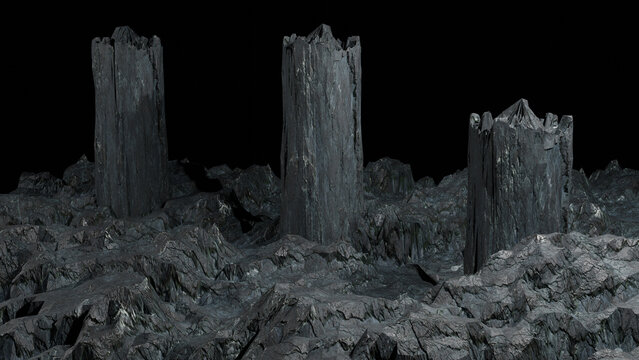 Rocks and columns on a black background, outer space landscape, very high resolution image, 7680x 4320 px.