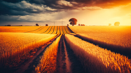 Fototapeta premium Spectacular scene of agricultural land in the sunset