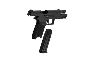 Modern semi-automatic pistol. A short-barreled weapon for self-defense. Arming the police, special units and the army. Isolate on a white back