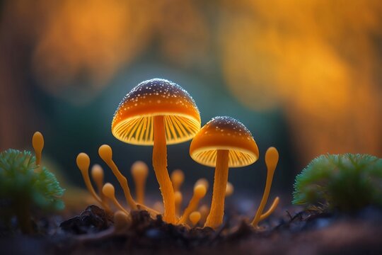 mushrooms, fungi in the forest, genertaive AI, mycelium, spore, decomposer, yeast, bioremediation, symbiosis