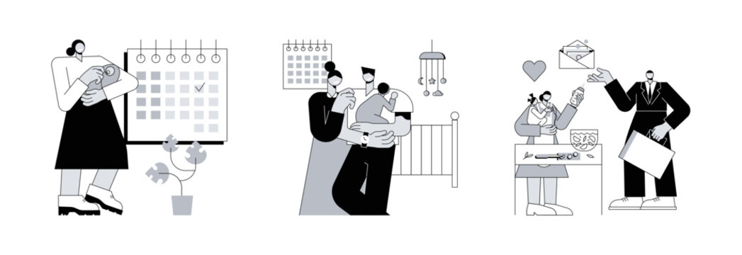 Care for children and family abstract concept vector illustration set. Maternity and parental leave, breadwinner, home office, pregnant woman, newborn child, family needs support abstract metaphor.