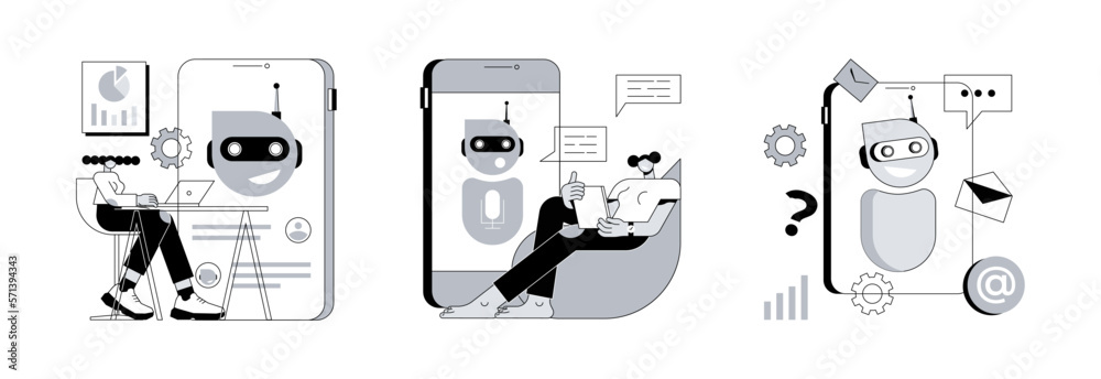 Poster chatbot programming abstract concept vector illustration set. chatbot development platform, virtual 