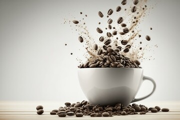 Coffee beans roasting in a hot cup on a wooden table with a white backdrop and copyspace for your words. Generative AI - obrazy, fototapety, plakaty