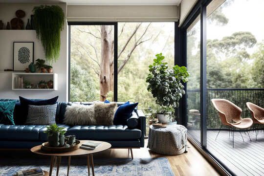 Large windows in the mid century modern living room provide views of the Australian treetops. Generative AI