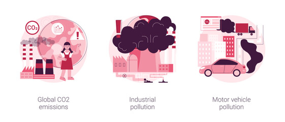 Fototapeta na wymiar Global carbon footprint abstract concept vector illustration set. Global CO2 emissions, industrial pollution, motor vehicle emission reduction, greenhouse effect, transportation abstract metaphor.