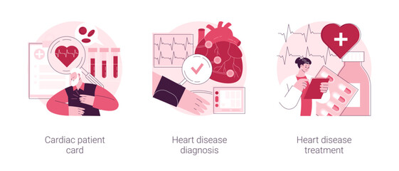 Heart attack abstract concept vector illustration set. Cardiac patient card, heart disease diagnosis and treatment, blood test, hospital care, heartbeat rate and chest pain abstract metaphor.
