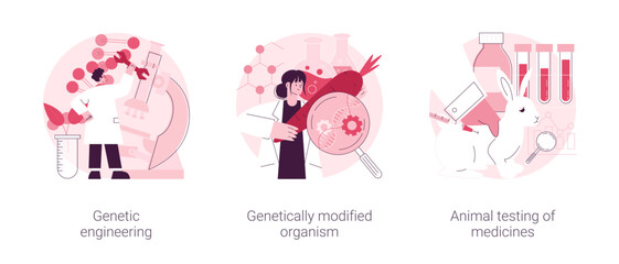 Biotechnology abstract concept vector illustration set. Genetic engineering, genetically modified organism, animal testing of medicines, transgenic organism, lab experiment abstract metaphor.