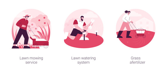 Gardening services abstract concept vector illustration set. Lawn mowing service, lawn watering system, grass fertilizer, aeration and weeding, dandelion removal, irrigation abstract metaphor.