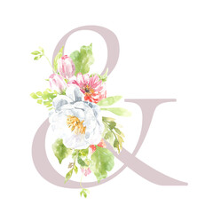 Watercolor Rose gold glitter floral alphabet. Spring flowers letter & monogram initials illustration. Botanical, rose peony bouquet, green, garden decor. Spring wedding stationery greeting card, rsvp