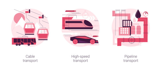 Transport modes abstract concept vector illustration set. Cable transport, high-speed and pipeline transport, trolleybus carrying tourists, ski slopes, railway station platform abstract metaphor.