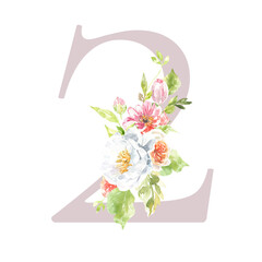 Watercolor blush pink floral table number, digit 2. Spring flowers illustration. Botanical, rose, peony bouquet, green, garden decor. Spring wedding stationery, greeting card, invitation diy