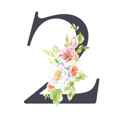 Watercolor black floral table number, digit 2 . Spring flowers illustration. Botanical, rose, peony bouquet, green, garden decor. Spring wedding stationery, greeting card, invitation diy