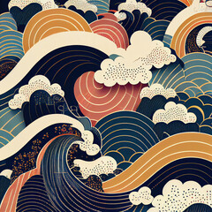Japanese traditional pattern, ukiyo-e, waves, colorful