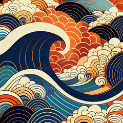 Japanese traditional pattern, ukiyo-e, waves, colorful