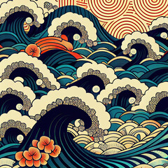 Japanese traditional pattern, ukiyo-e, waves, colorful