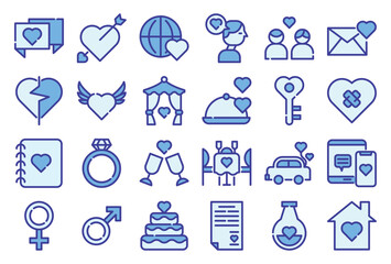 A set pack of Love (blue color) icons set. The collection includes for mobile app, web design, in a moment of celebration, Valentine's Day, wedding, birthday and others.