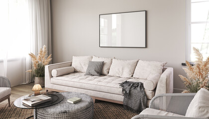 White interior design with light sofa, scandi decor and dry grass in modern luxury living room. Frame wall mockup. 3d render. High quality 3d illustration © Viktoria Kovalchuk
