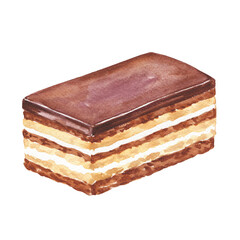 Watercolour chocolate opera cake, french dessert. Food illustration.