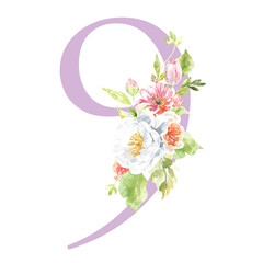 Watercolor lilac floral table number, digit 9. Spring flowers illustration. Botanical, rose, peony bouquet, green, garden decor. Spring wedding stationery, greeting card, invitation diy