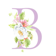 Watercolor lilac, Rose, pink floral alphabet. Spring flowers letter B monogram initials illustration. Botanical, rose peony bouquet, green, garden decor. Spring wedding stationery greeting card, rsvp