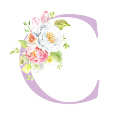 Watercolor lilac, Rose, pink floral alphabet. Spring flowers letter C monogram initials illustration. Botanical, rose peony bouquet, green, garden decor. Spring wedding stationery greeting card, rsvp