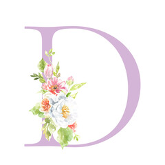Watercolor lilac, Rose, pink floral alphabet. Spring flowers letter D monogram initials illustration. Botanical, rose peony bouquet, green, garden decor. Spring wedding stationery greeting card, rsvp