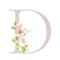 Watercolor Rose blush,pale floral alphabet. Spring flowers letter D monogram initials illustration. Botanical, rose peony bouquet, green, garden decor. Spring wedding stationery greeting card, rsvp