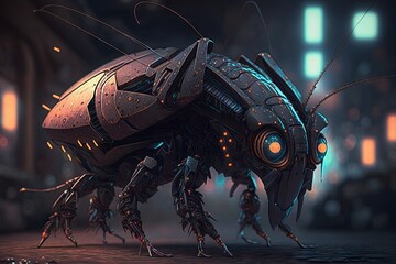 Robotic cockroach A bug in the cyberpunk illustration. Generative AI