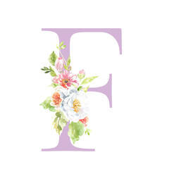 Watercolor lilac, Rose, pink floral alphabet. Spring flowers letter F monogram initials illustration. Botanical, rose peony bouquet, green, garden decor. Spring wedding stationery greeting card, rsvp