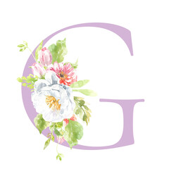 Watercolor lilac, Rose, pink floral alphabet. Spring flowers letter G monogram initials illustration. Botanical, rose peony bouquet, green, garden decor. Spring wedding stationery greeting card, rsvp