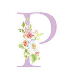 Watercolor lilac, Rose, pink floral alphabet. Spring flowers letter P monogram initials illustration. Botanical, rose peony bouquet, green, garden decor. Spring wedding stationery greeting card, rsvp