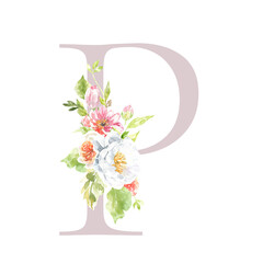 Watercolor Rose blush,pale floral alphabet. Spring flowers letter P monogram initials illustration. Botanical, rose peony bouquet, green, garden decor. Spring wedding stationery greeting card, rsvp