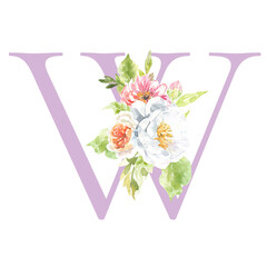 Watercolor lilac, Rose, pink floral alphabet. Spring flowers letter W monogram initials illustration. Botanical, rose peony bouquet, green, garden decor. Spring wedding stationery greeting card, rsvp