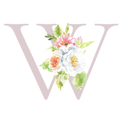 Watercolor Rose blush,pale floral alphabet. Spring flowers letter W monogram initials illustration. Botanical, rose peony bouquet, green, garden decor. Spring wedding stationery greeting card, rsvp