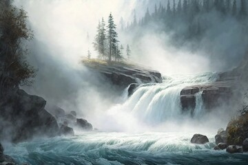 Waterfall with its rushing water and misty spray, concept of Natural Beauty, created with Generative AI technology
