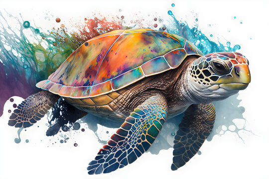 illustration of multicolored sea turtle swimming amidst stains of watercolor paint