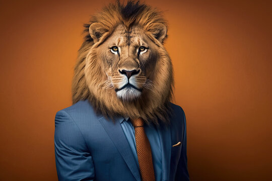 Studio photo portrait of a lion in business clothes like a boss, concept of Business Professional and Animal Portrait, created with Generative AI technology