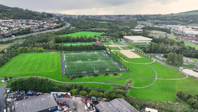 Aerial video of Valley Leisure Centre Belfast Newtownabbey County Antrim Northern Ireland