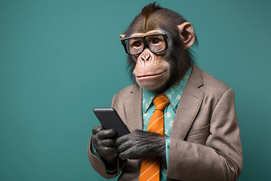 Studio photo portrait of a happy monkey holding a phone, created with Generative AI technology
