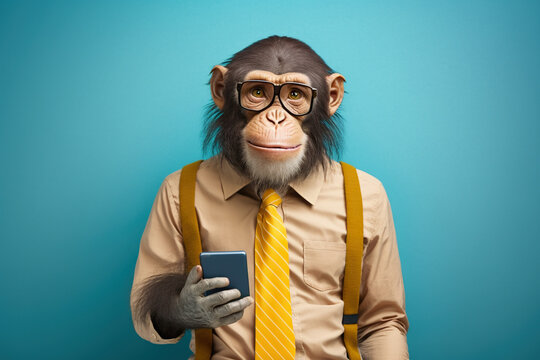 Studio photo portrait of a happy monkey holding a phone, created with Generative AI technology
